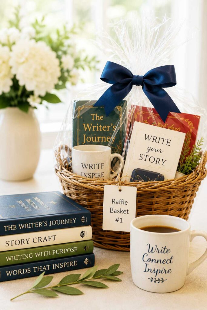 Literary-themed raffle baskets and scholarship fundraiser display for the Space Coast Writers Guild June Member Q&A event