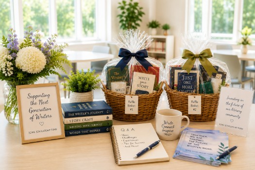 Literary-themed raffle baskets and scholarship fundraiser display for the Space Coast Writers Guild June Member Q&A event